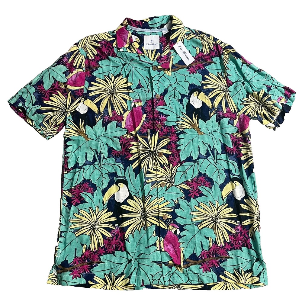 CARIBBEAN Roundtree & Yorke Mens L Tropical‎ Floral Toucans Shirt Hawaiian Shirt